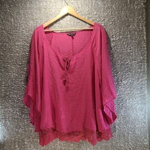Unique Spectrum Women Pink 3X Peasant Top Coquette Boho Crochet Rayon Polyester